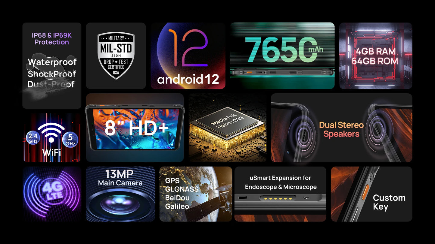 Ulefone Armor Pad Rugged Tablet 4GB RAM 64GB ROM 7650mAh 8.0'' HD+ Display 4G Android 12 Tablet Phone IP68/IP69K 13MP Camera