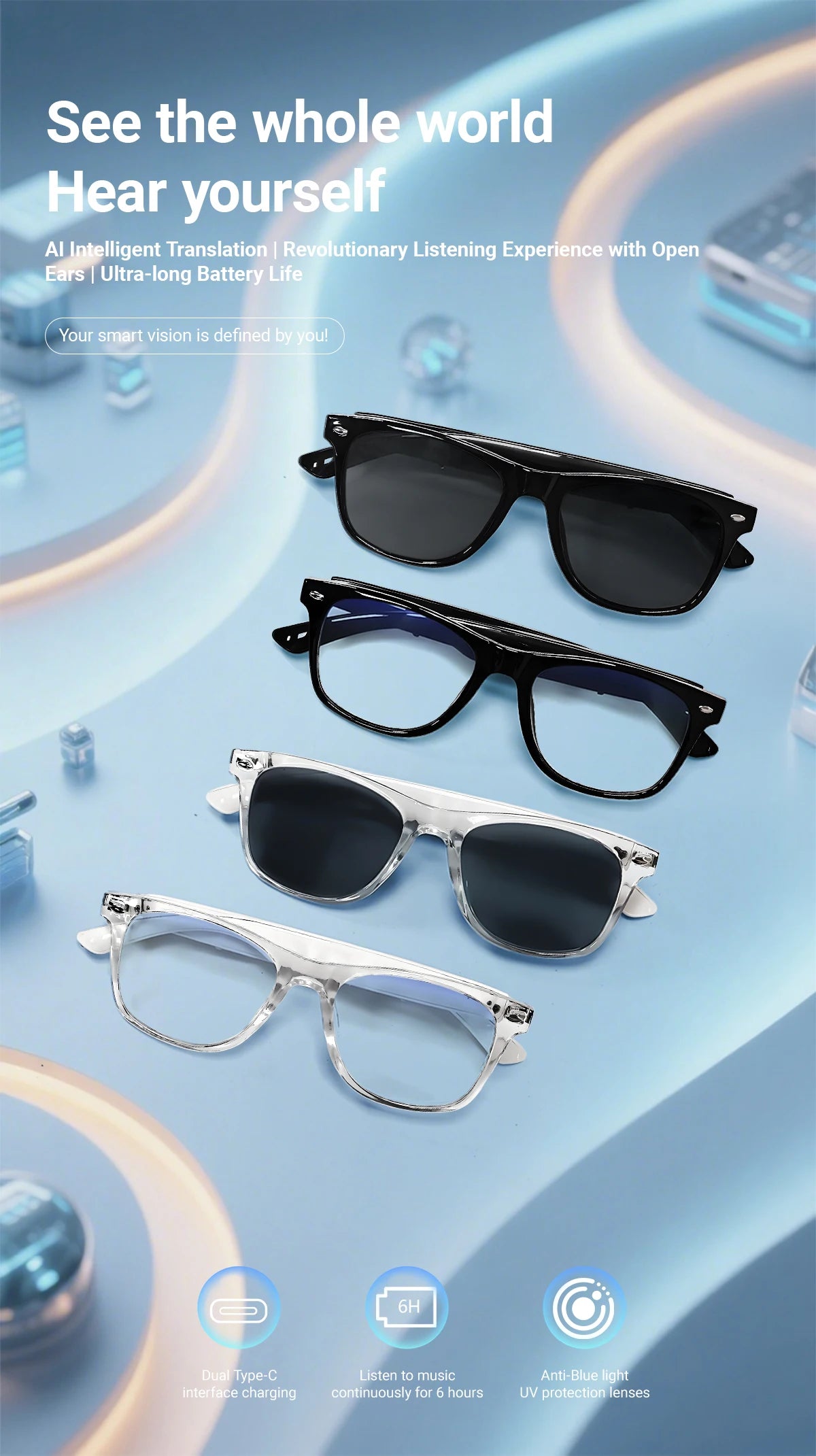 F16 Specification of AI Intelligent Translation Glasses Sunglasses Voice Remote Control Music sports spectacles Eyeglasses