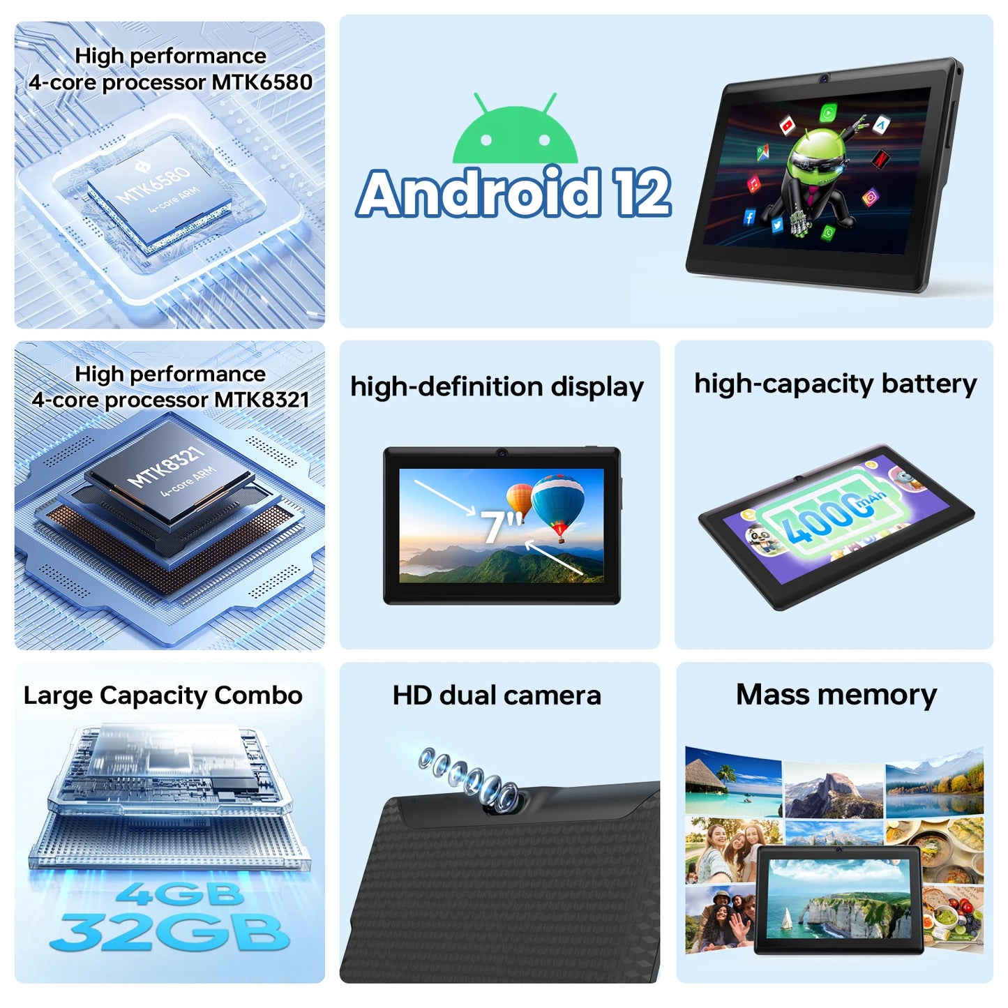 I-Atar P1 Multilingual Android tablet 7-inch, Android 12.0, 4GB RAM, 32GB storage, supports 2.4G WiFi, 4000mAh battery, with GPS