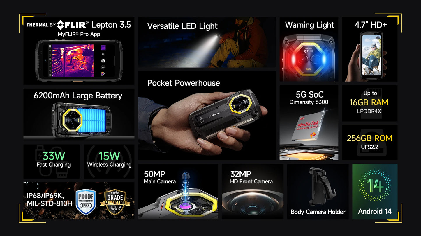 Ulefone Armor Mini 20T Pro 5G THERMAL BY FLIR® 4.7" Rugged Phone Android 14 Smartphone 256GB ROM Mobile Phone Thermal lmaging