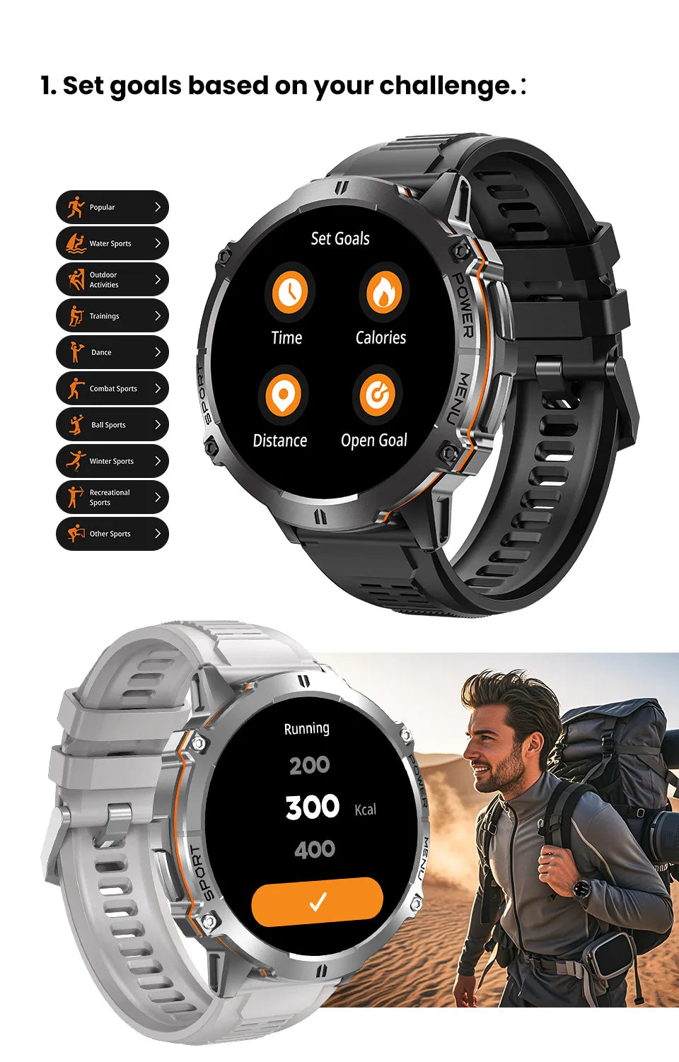NEW 1000MAH Super endurance Sport Smart Watch Men 1.73-inch HD Screen GPS tracker Compass Bluetooth Call Waterproof Smart Watch