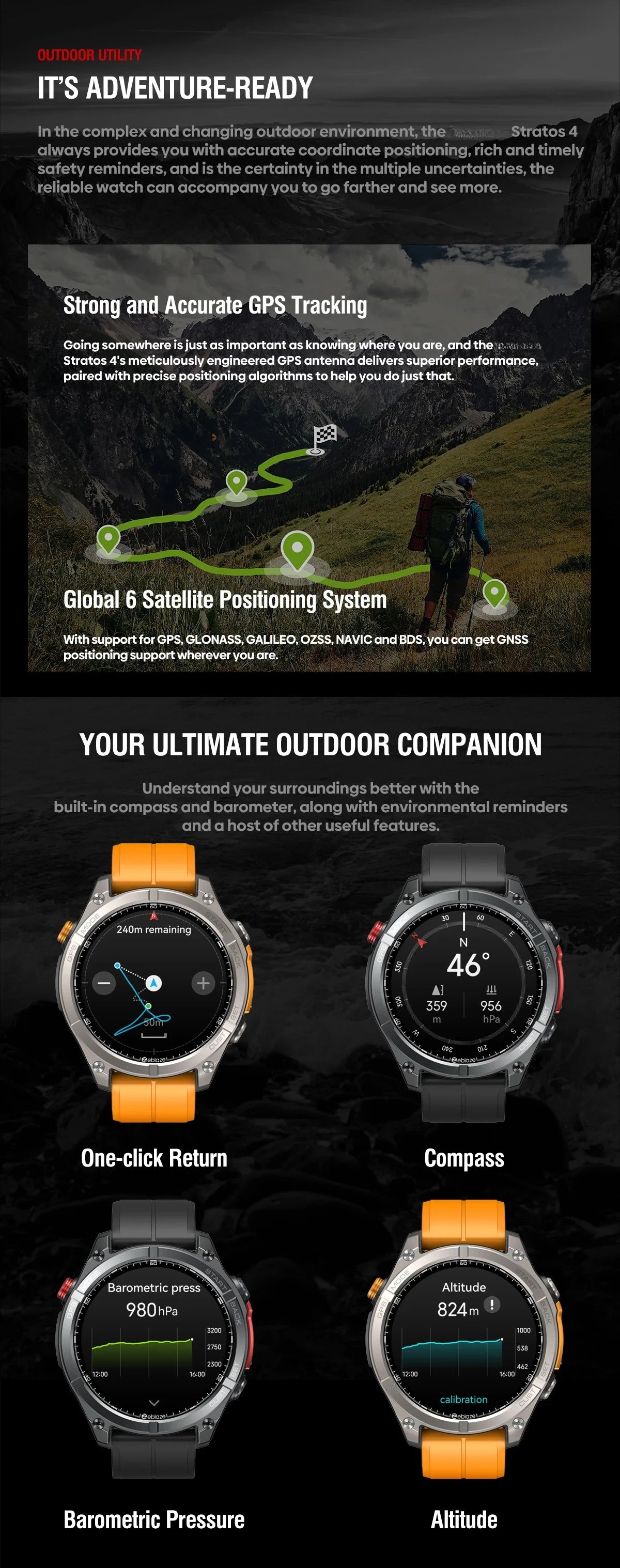 NEW Stratos 4 GPS Smart Watch 1.43 AMOLED Display Built-in Compass Barometric Altimeter Flashlight Voice Call Smartwatch
