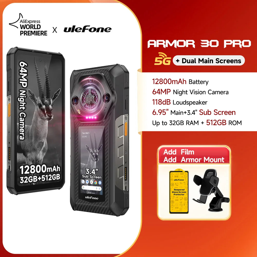 【World Premiere】Ulefone Armor 30 Pro 5G Rugged Phone Android 14 Smartphone 6.9" 120Hz 32GB+512GB 12800mAh Night Camera 64MP NFC