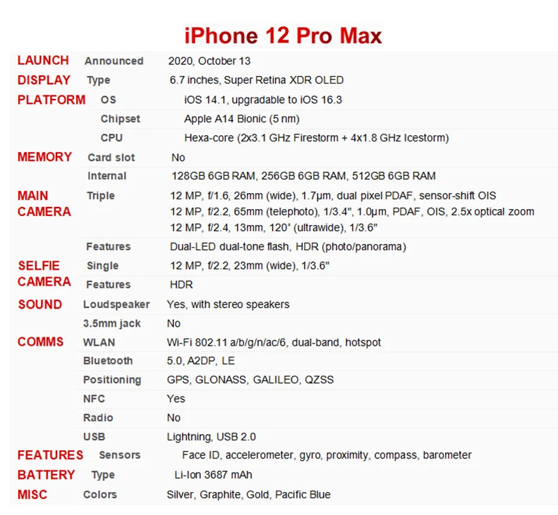 Genuine Apple iPhone 12 Pro Max 128/256/512GB ROM Original 6.7" Retina OLED RAM 6GB A14 Face ID NFC Unlocked 5G 98% New Phone