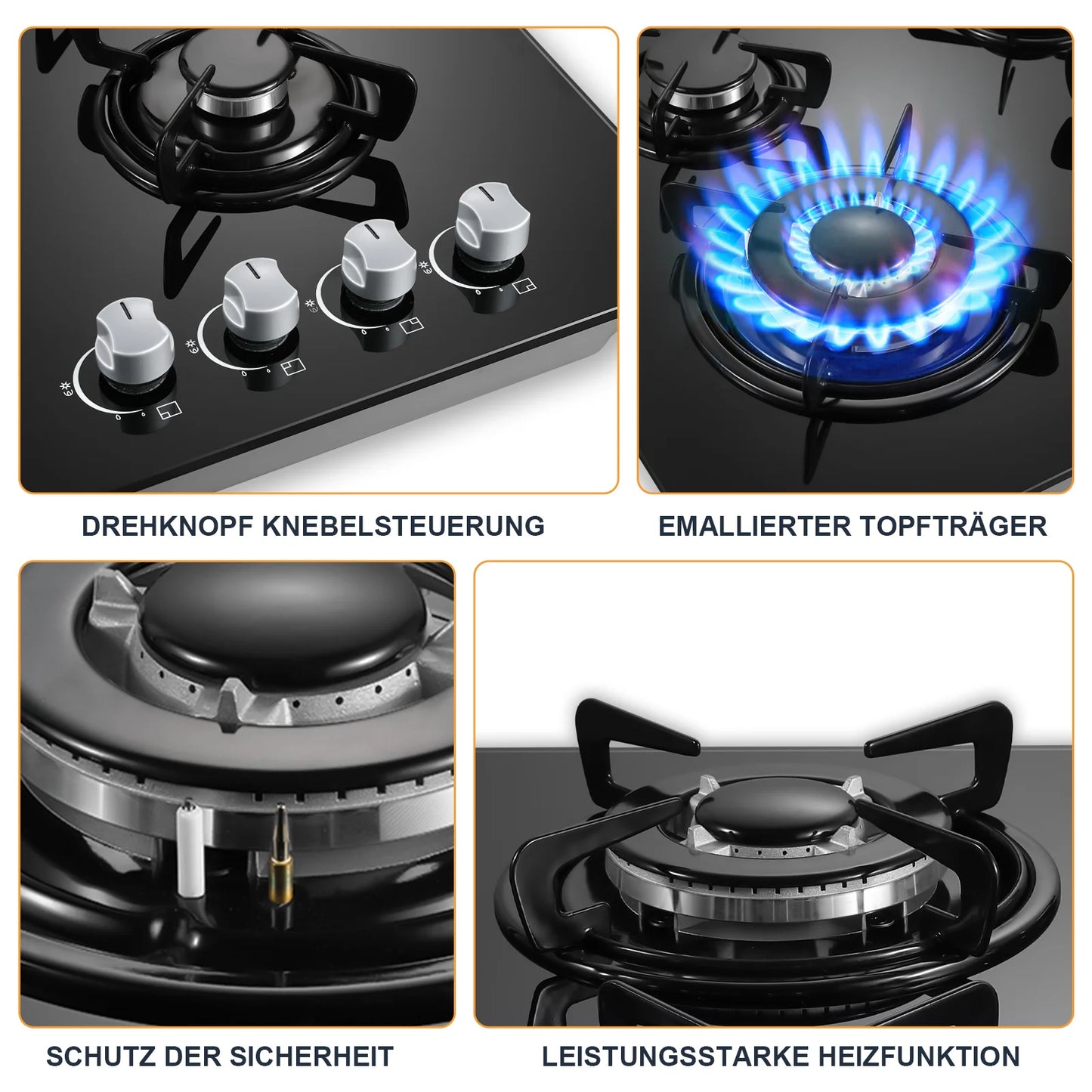 60cm Built-in Gas Hob 4 Burner | Auto Thermocouple & Safety Lock | 4-Zone Tempered Glass 8060W with Auto Ignition