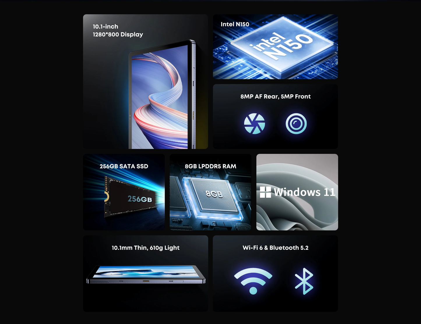 CHUWI Hi10 X1 Tablet 2 In 1 Tablet PC 10.1inch Display Intel N150 Processor LPDDR5 8GB RAM 256GB SSD Windows 11 Tablets PC WiFi6