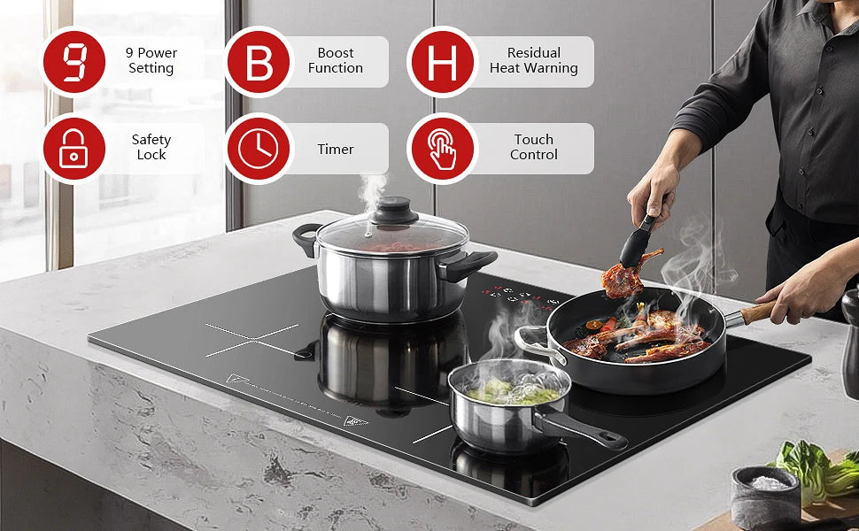 Induction Hob 4 Plates Built-in Electric Cooktop 60cm Booster Touch Control 6000W 9 Power Levels 1-99Minute Timer Child Lock