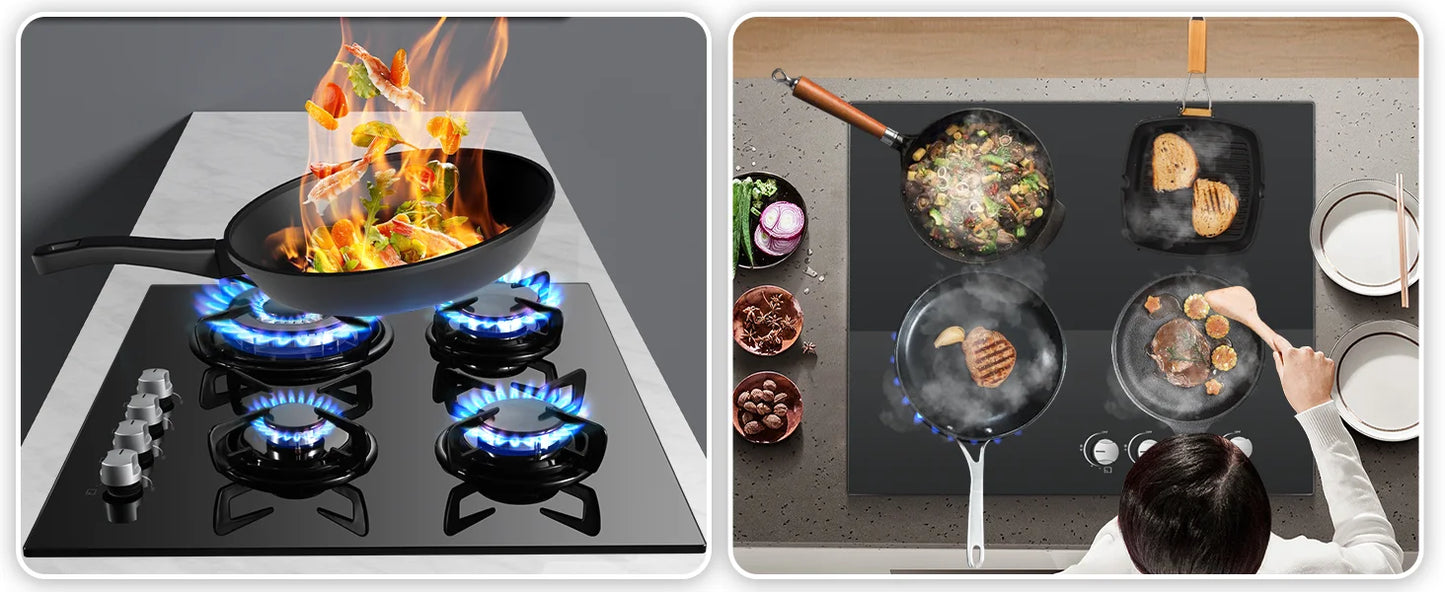 60cm Built-in Gas Hob 4 Burner | Auto Thermocouple & Safety Lock | 4-Zone Tempered Glass 8060W with Auto Ignition