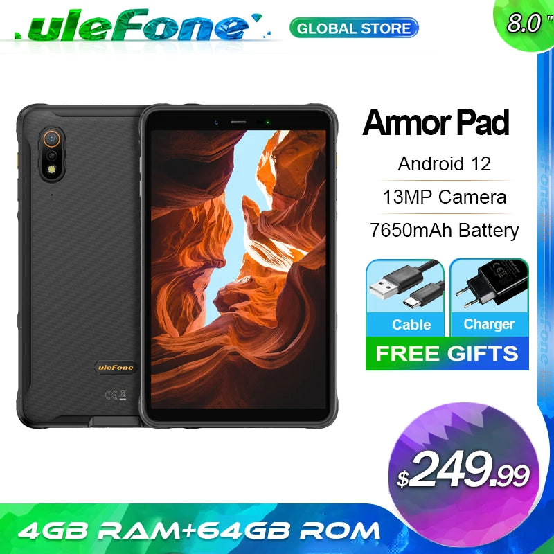 Ulefone Armor Pad Rugged Tablet 4GB RAM 64GB ROM 7650mAh 8.0'' HD+ Display 4G Android 12 Tablet Phone IP68/IP69K 13MP Camera