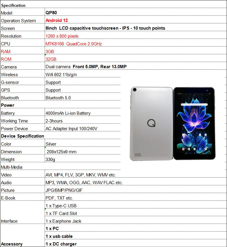 8 INCH Android 12 RAM 3GB+32GB ROM QP80 MTK8168 Tablet Quad Core IPS Screen Quad Core Rear 13.0MP WIFI Dual Camera