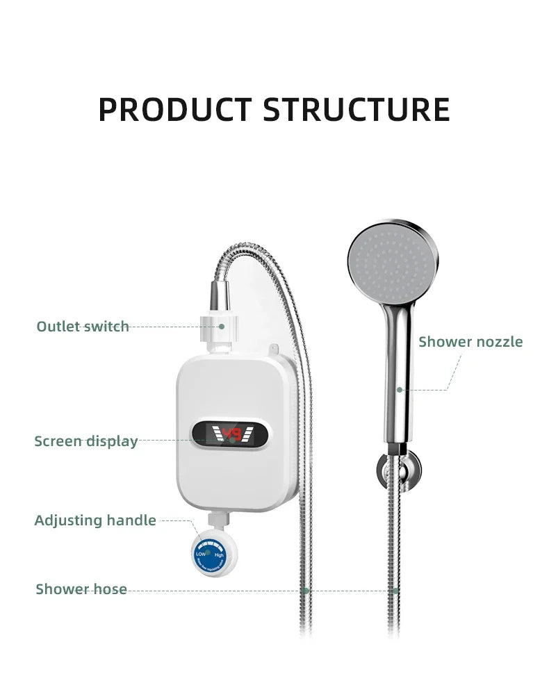 3500W Electric Mini Instant Hot Water Heater Bathroom Faucet Tap Heating 3 Seconds Instant Water Heater Shower Head Set