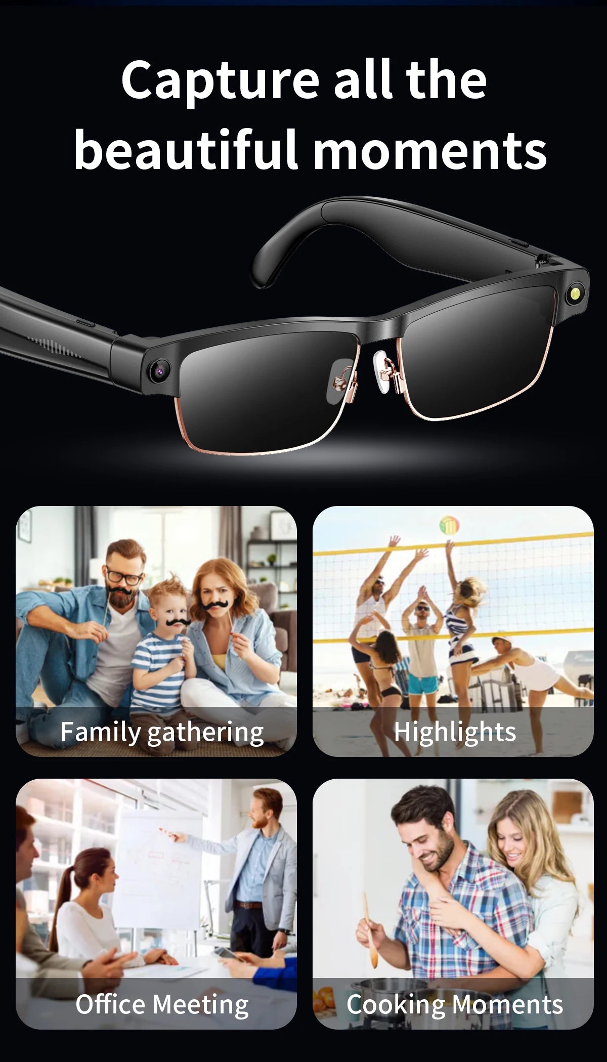 Smart Glasses with HD Camera 1200P Anti-shake Video Record Real-time Translation Object Recognition Bluetooth Call Smart Glasses