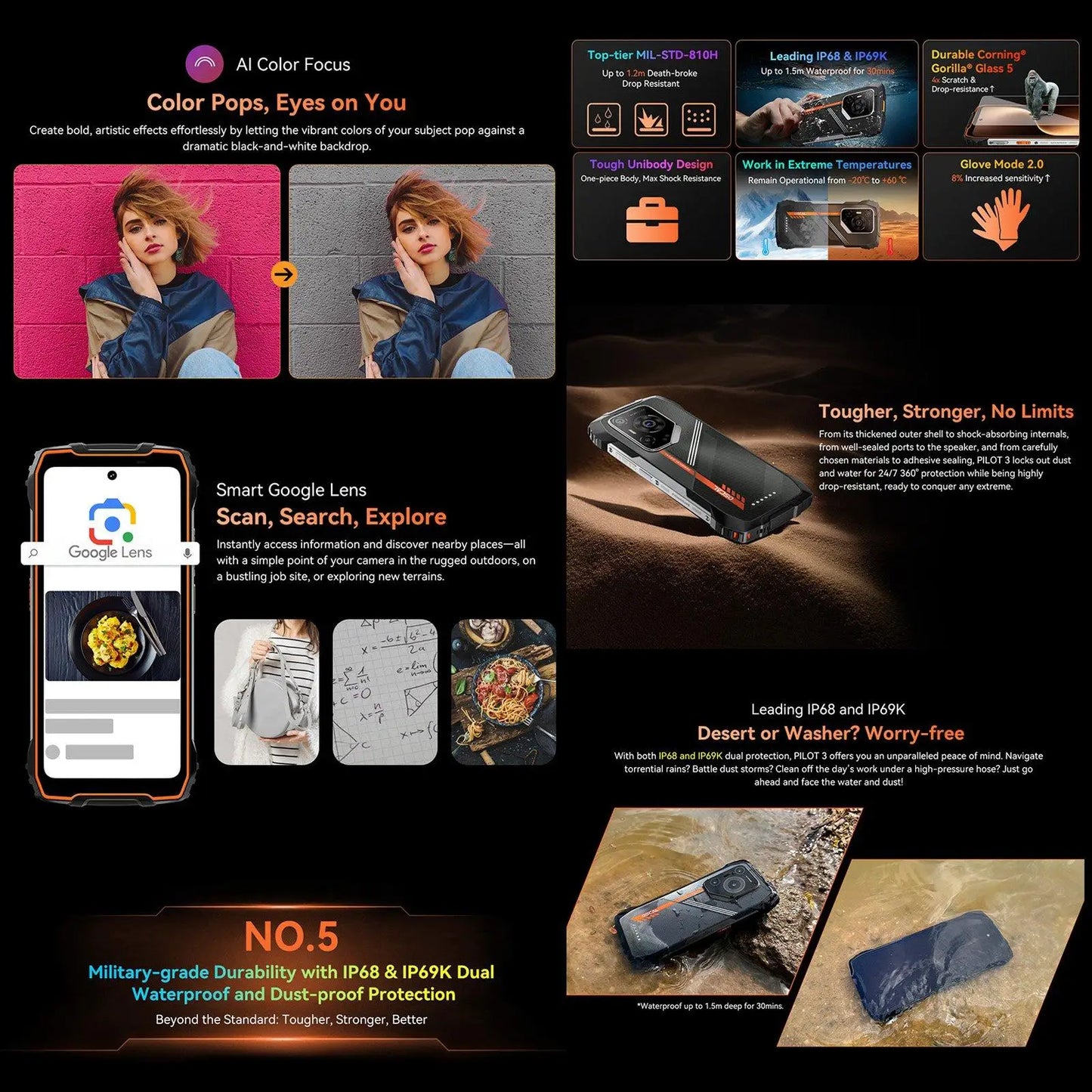 Blackview Oscal Pilot 3 5G AI Rugged Phone 12GB+256GB 6.78" 2.4K Display 7500Amh Battery Android 15 MTK 6300 5G NFC Smartphone