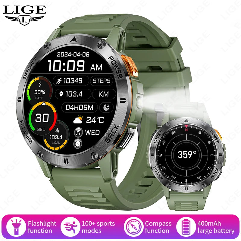 LIGE Outdoor Military Smart Watch Men 1.53" AMOLED Screen GPS trackr Waterproof Bluetooth Call Sports Braceletes For Android IOS