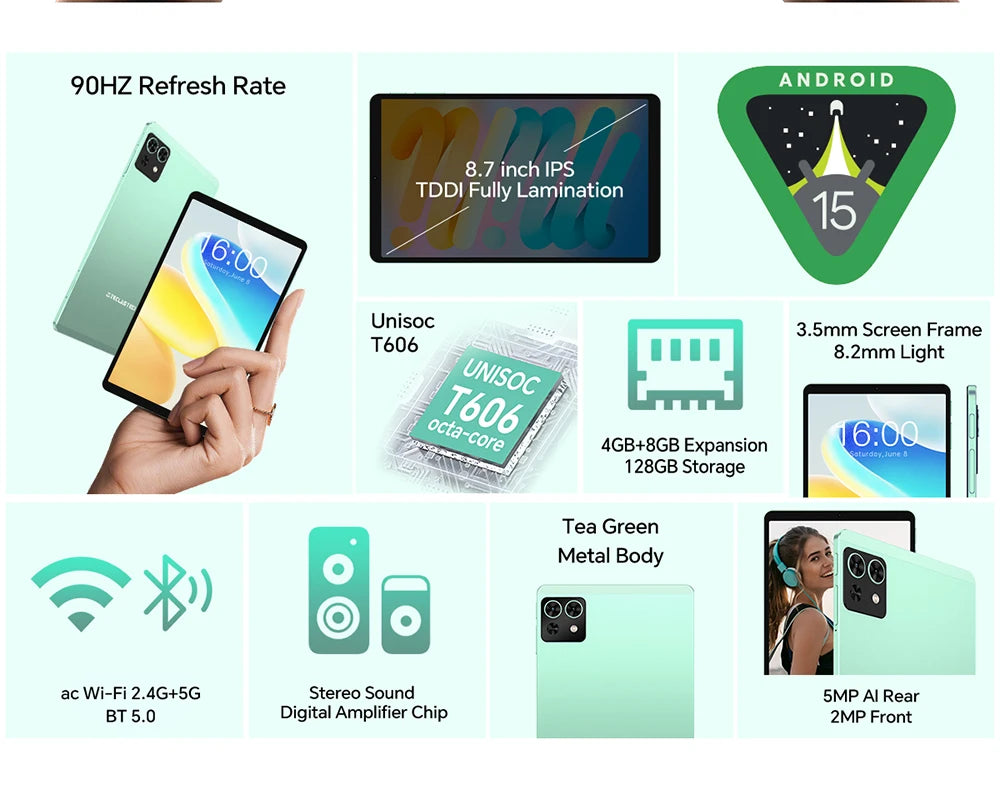 Teclast M50 Mini Tablet 8.7" 90Hz Screen 4GB RAM 128GB ROM Unisoc T606 Octa-core 5100mAh Battery Android 15 Tab Wifi5 Metal Body