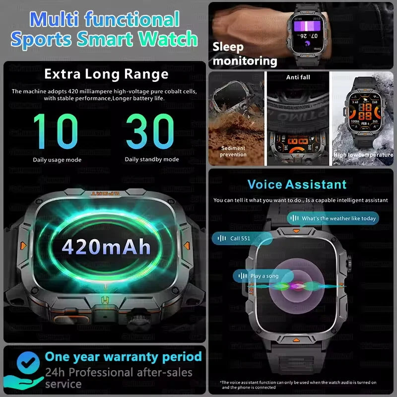 2025New Rugged Military GPS Track Smart Watch Men Bluetooth Call 5ATM Waterproof Flashlight Outdoor Sports SmartWatch For Xiaomi