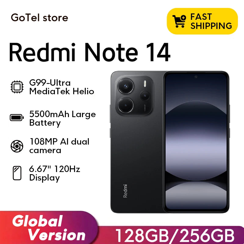 【Brand+】Global Version Xiaomi Redmi Note 14 MediaTek Helio G99-Ultra 108MP AI 5500mAh 6.67" AMOLED 120Hz Display