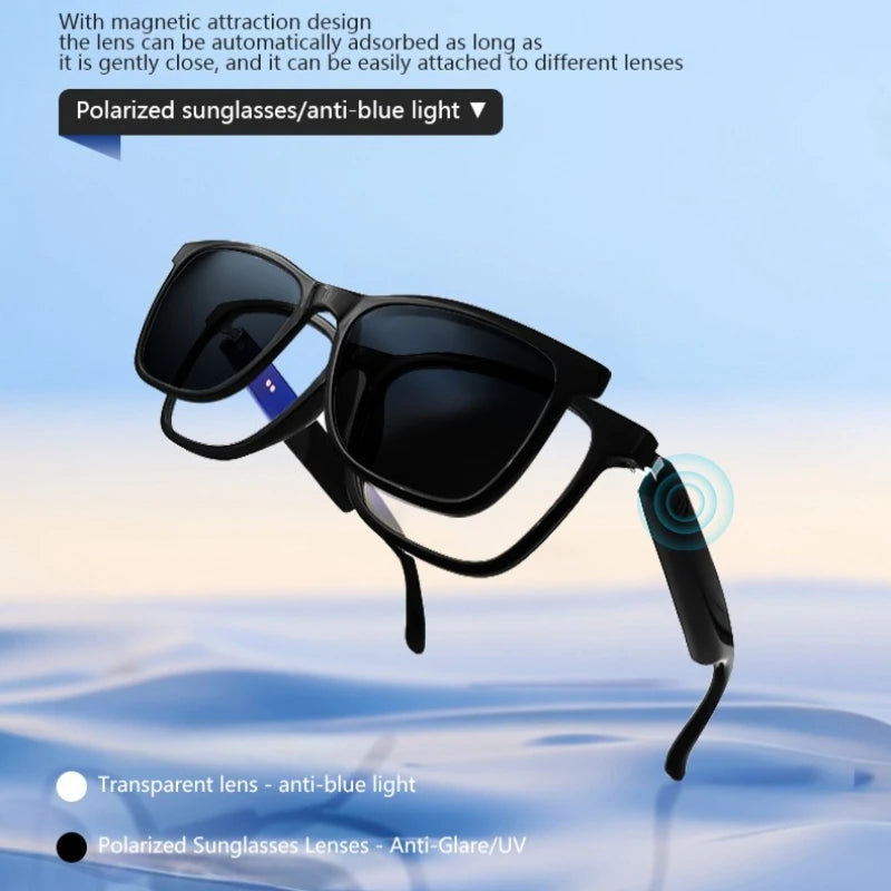 Hot GS05 Smart Glasses For Men 2 in 1 UV Protection Portable Polarized Anti-blue light Black Frame White Lenses Music Sunglasses