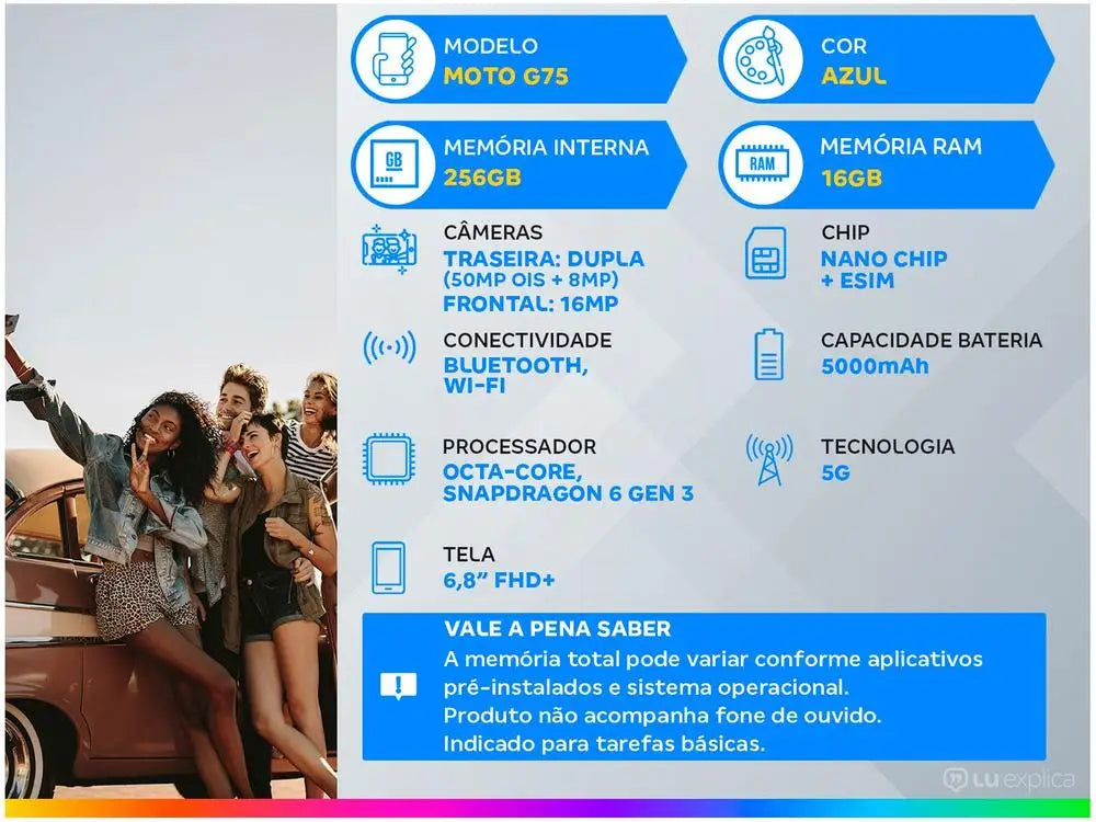 Smartphone Motorola Moto G75 256GB Blue 5G 16GB RAM 6,8 "Camera. Double Selfie 16MP