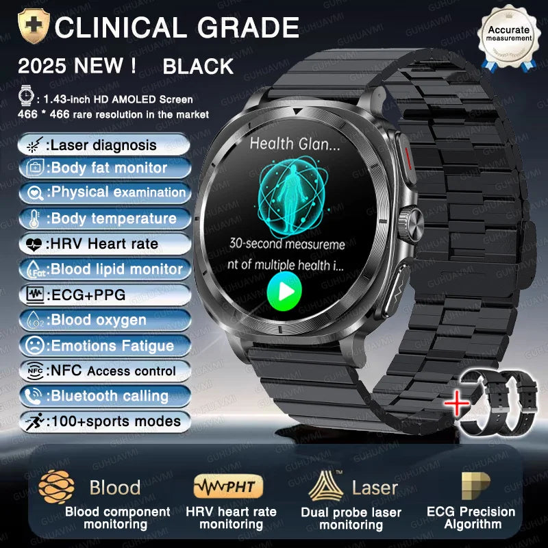 2025 New Precise Blood Lipids Uric Acid Smart Watch Men ECG+PPG Clock Blood pressure Body analysis HD Call NFC Health Smartwatch