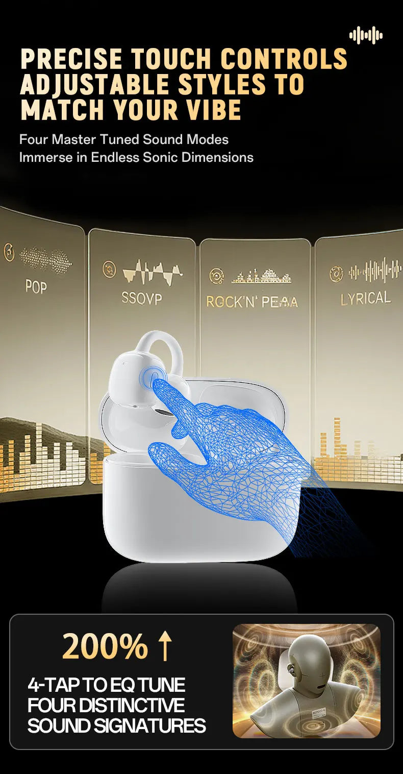 Ear Clip Earbuds 6th Gen Bluetooth 6.0 Headphones Surround Sound Earphone Touch Control Wireless Headset Noise Reduction HD Call