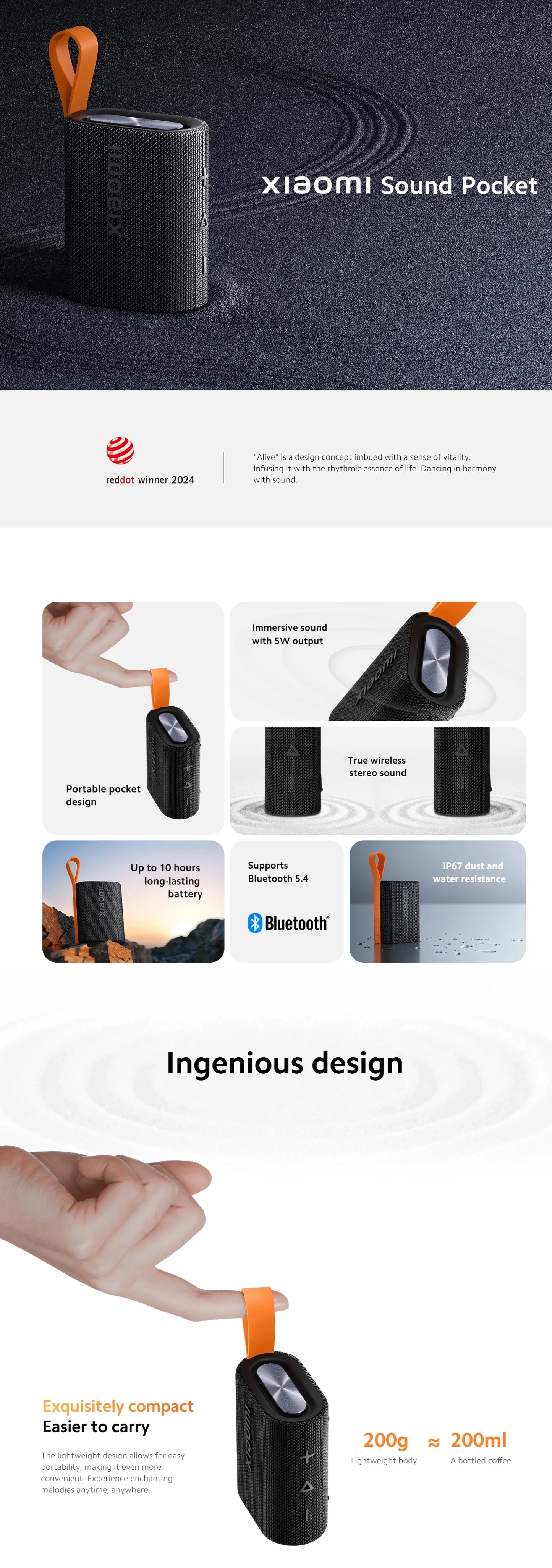 Global version Xiaomi Sound Pocket IP67 Bluetooth 5.4 Portable Speaker TWS Stereo Combo 1000mAh 10-Hour Battery Life Microphone