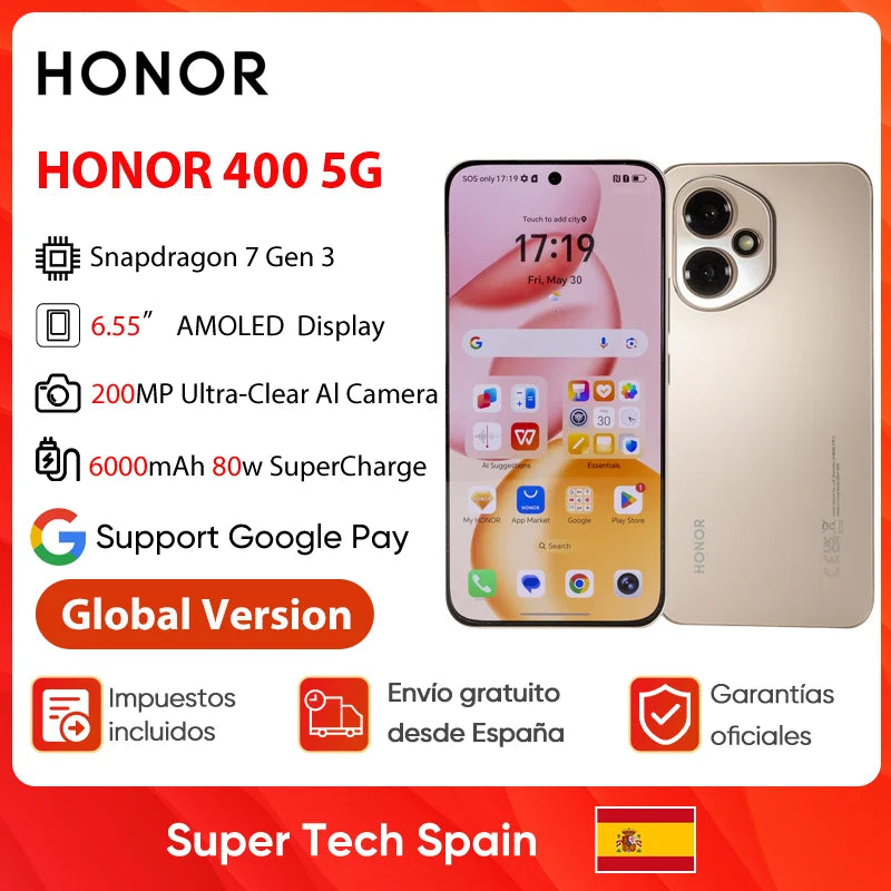 Honor 400 Smartphone 5g Snapdragon 7 Gen 3 Magicos9.0 200Mp Ultra-Clear Ai Camera 6.55'' Amoled Display 6000Mah 80W Supercharge