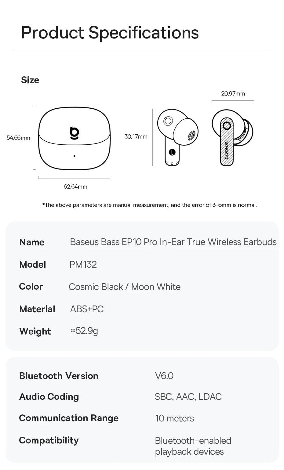 Baseus EP10 Pro ANC Earbuds Wireless Bluetooth 6.0 Earphones 50dB Realtime Adaptive Headphones 6 Mic Hi-Res LDAC IP55 Ear buds
