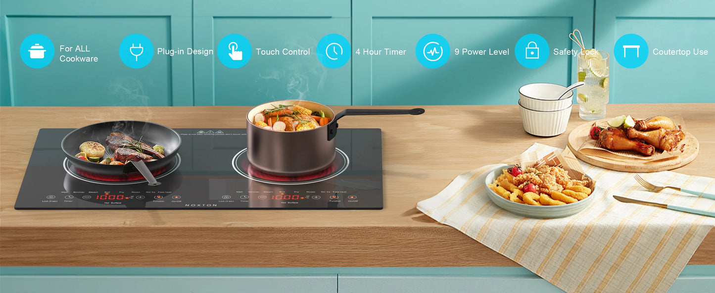 Noxton 2 Burners Electric Cooktop, 24" Built-in & Countertop Stove, Two Burner Ceramic Cooktop, Portable 110V Plug-in Cooktop