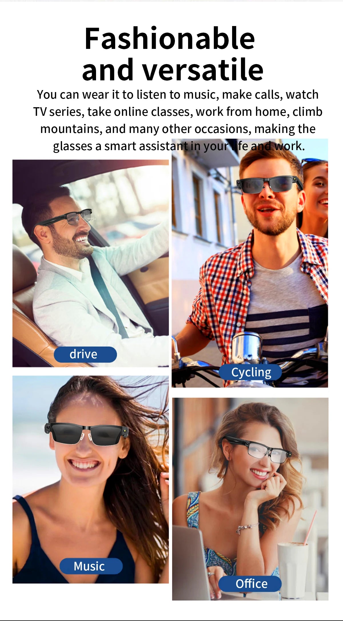 Smart Glasses with HD Camera 1200P Anti-shake Video Record Real-time Translation Object Recognition Bluetooth Call Smart Glasses
