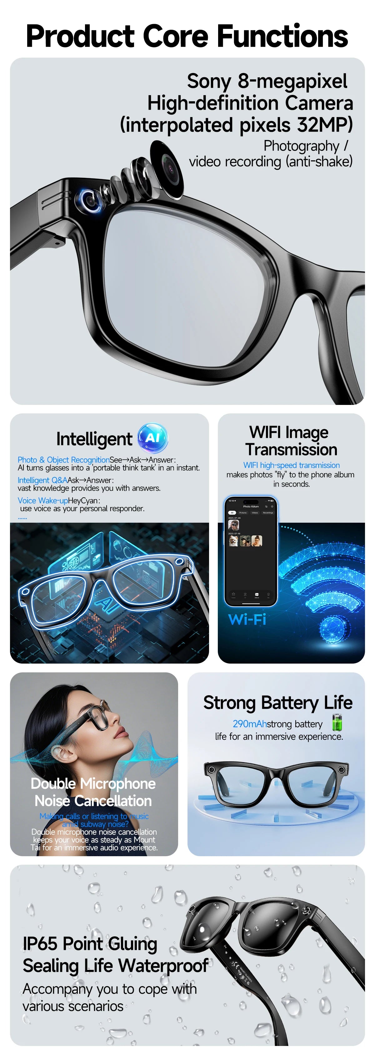 2025 Smart Glasses Men 8MP Camera WiFi Bluetooth Touch Control IP65 Waterproof AI Translation Noise Cancelling AI Glasses Women