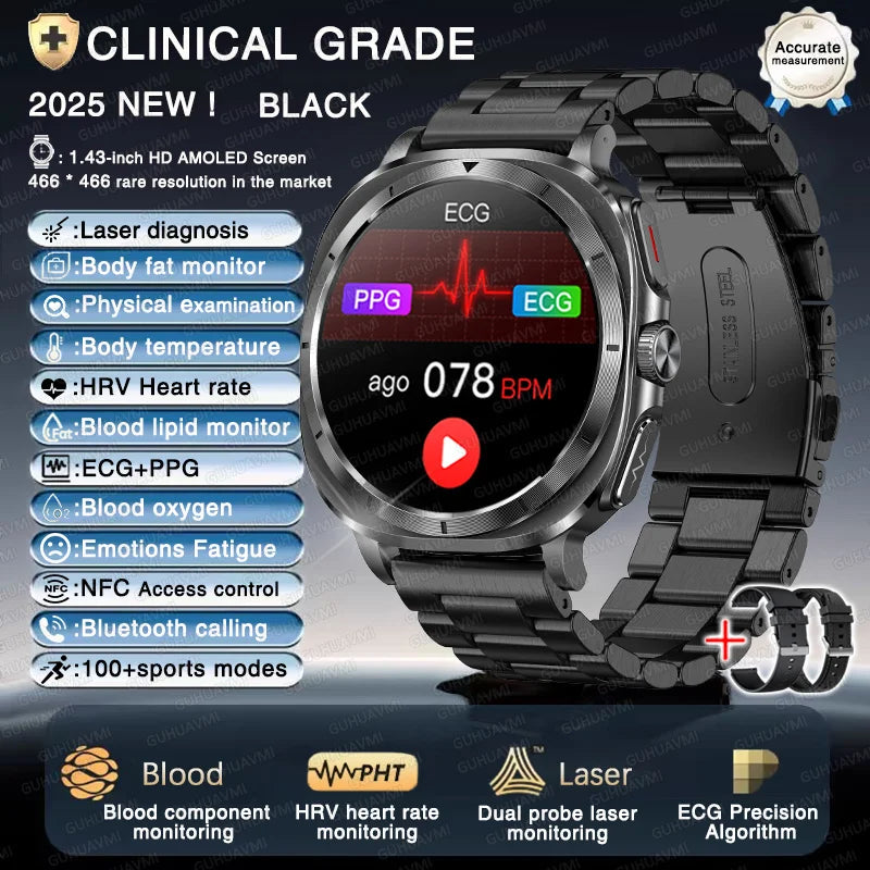 2025 New Precise Blood Lipids Uric Acid Smart Watch Men ECG+PPG Clock Blood pressure Body analysis HD Call NFC Health Smartwatch