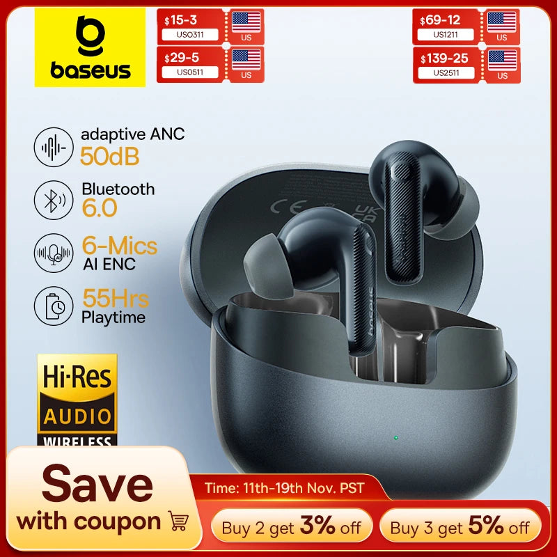 Baseus EP10 Pro ANC Earbuds Wireless Bluetooth 6.0 Earphones 50dB Realtime Adaptive Headphones 6 Mic Hi-Res LDAC IP55 Ear buds