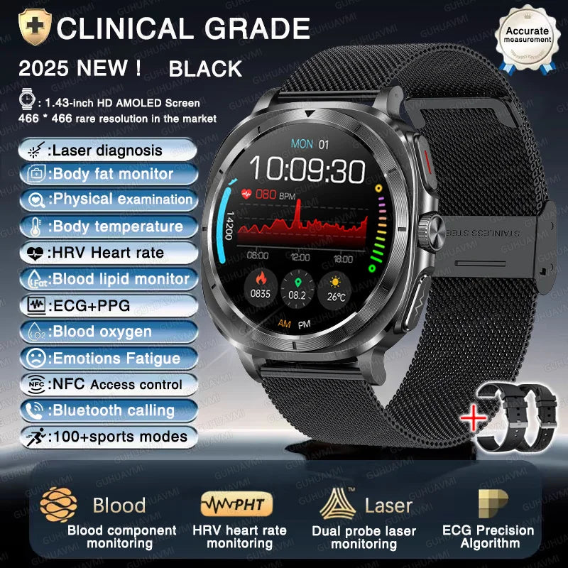 2025 New Precise Blood Lipids Uric Acid Smart Watch Men ECG+PPG Clock Blood pressure Body analysis HD Call NFC Health Smartwatch