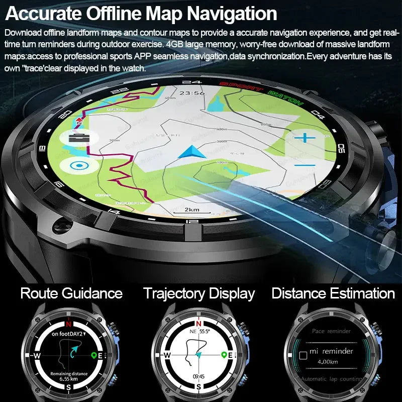 2025 New Military Sport GPS 4GB Memory Smartwatch Men 5ATM Waterproof Fitness Tracker Offline Maps 860Mah Battery Smart Bracelet