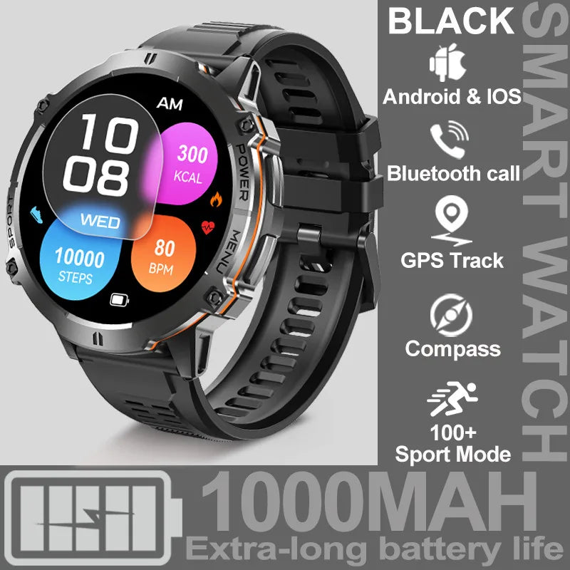 NEW 1000MAH Super endurance Sport Smart Watch Men 1.73-inch HD Screen GPS tracker Compass Bluetooth Call Waterproof Smart Watch