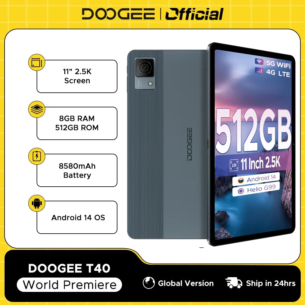 DOOGEE T40 Android Tablet 14 11 ''IPS 2.5K 8GB RAM 512GB ROM Helio G99 8580mAh 18W Charge Face Unlock 7.6mm ultra-thin Tablet