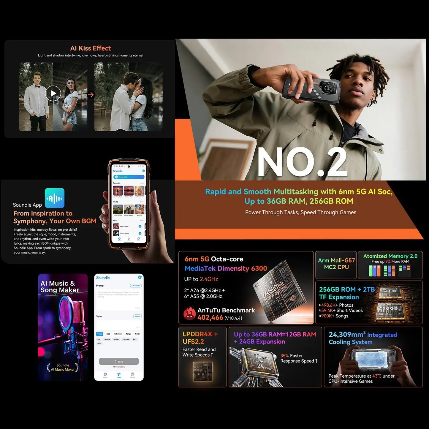 Blackview Oscal Pilot 3 5G AI Rugged Phone 12GB+256GB 6.78" 2.4K Display 7500Amh Battery Android 15 MTK 6300 5G NFC Smartphone