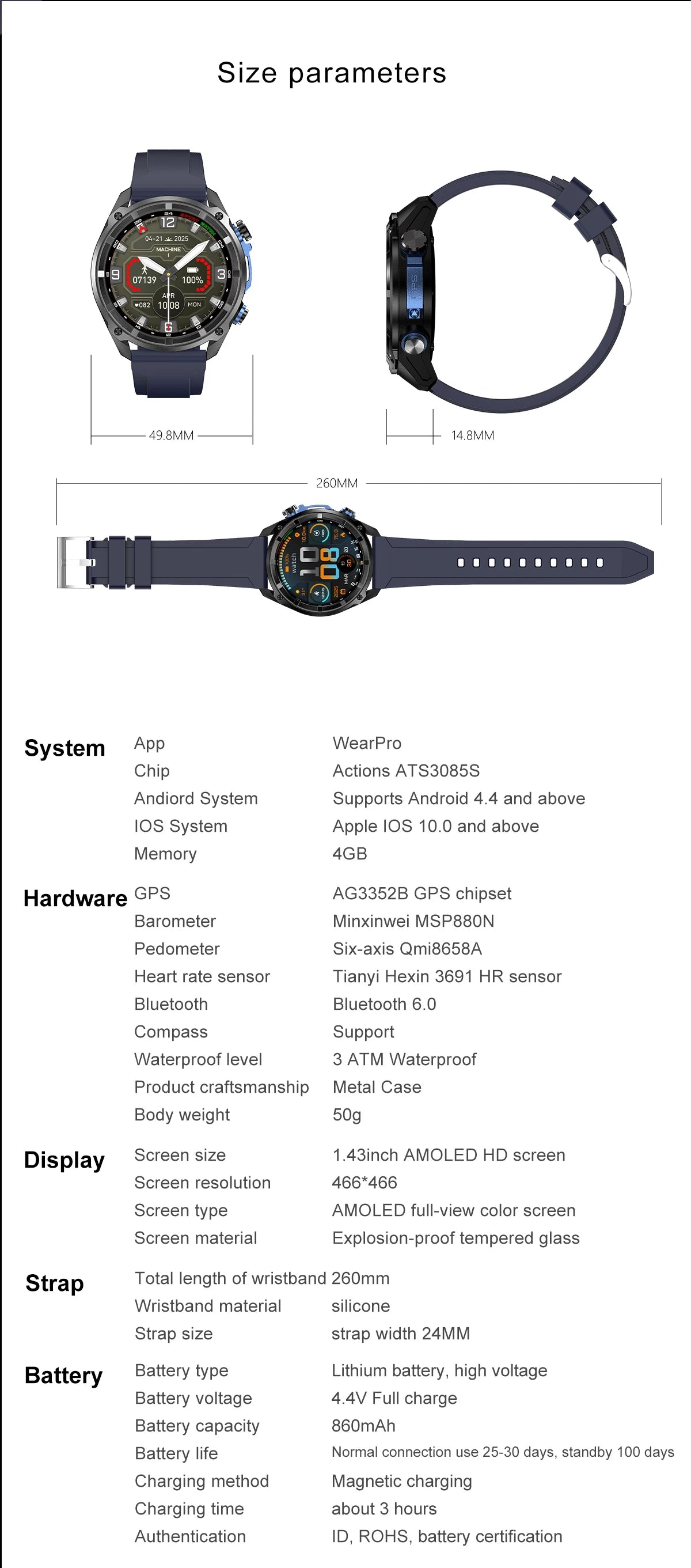 2025 New Military Sport GPS 4GB Memory Smartwatch Men 5ATM Waterproof Fitness Tracker Offline Maps 860Mah Battery Smart Bracelet