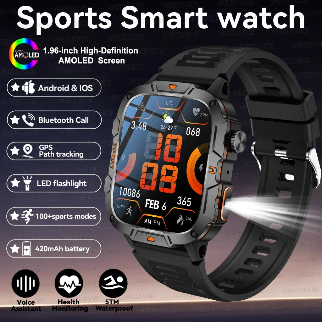 2025New Rugged Military GPS Track Smart Watch Men Bluetooth Call 5ATM Waterproof Flashlight Outdoor Sports SmartWatch For Xiaomi