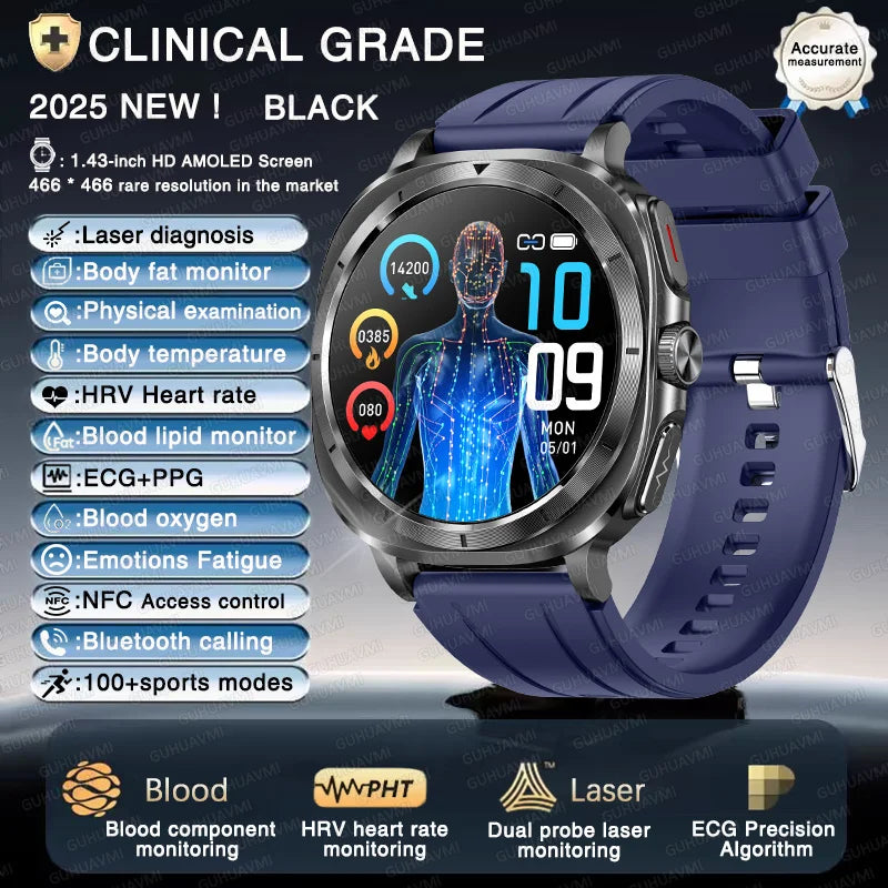 2025 New Precise Blood Lipids Uric Acid Smart Watch Men ECG+PPG Clock Blood pressure Body analysis HD Call NFC Health Smartwatch