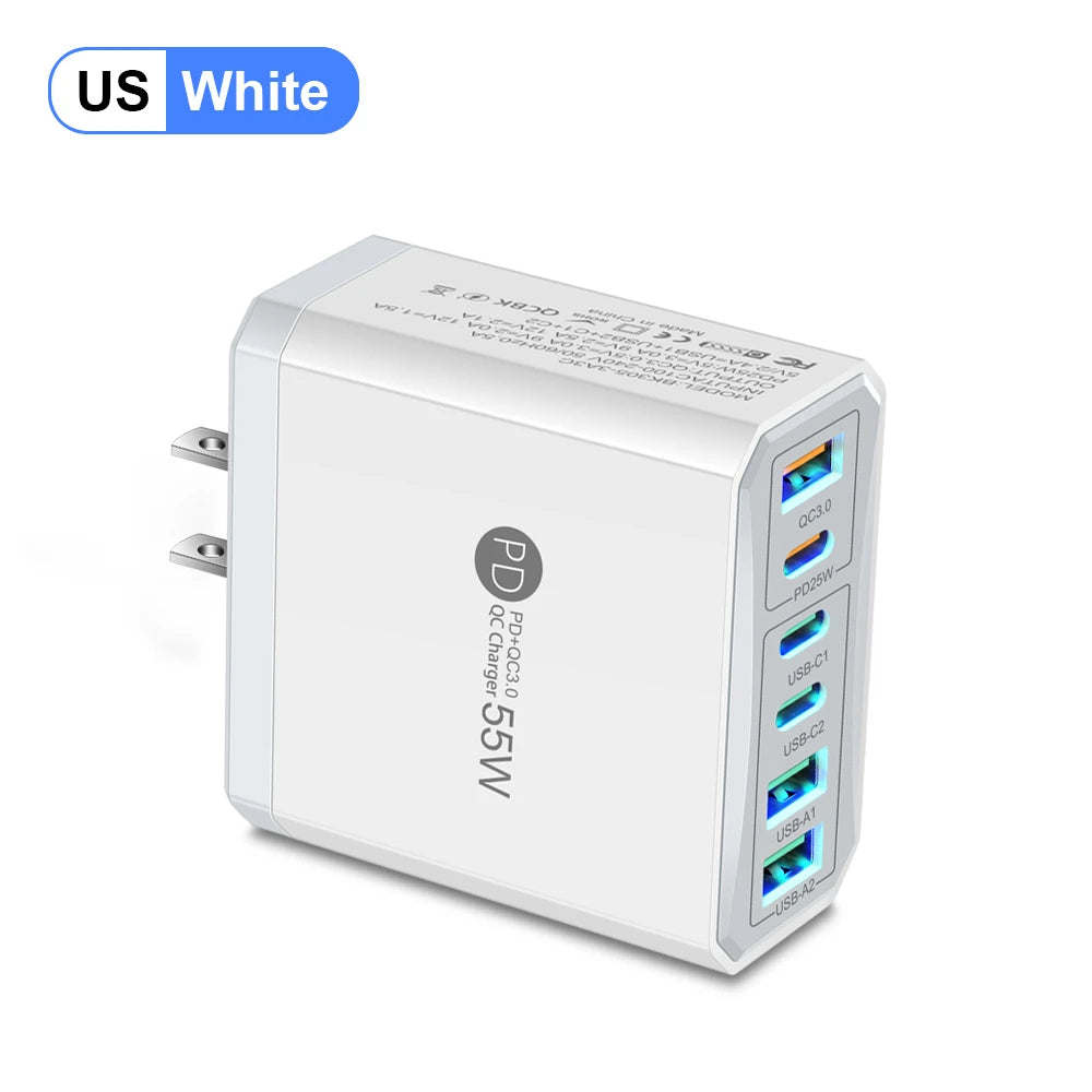 55W 3 USB 3 PD Charger Fast Charging QC3.0 Travel Charger For iPhone 15 14 Samsung Xiaomi Mobile Phone Adapter EU KR US UK Plug