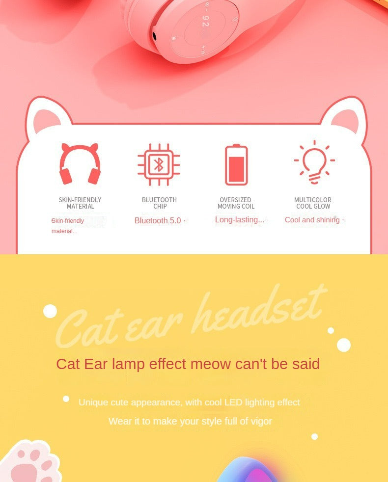 Wireless Headphones Cat Ear Bluetooth-Compatible Helmets Stereo Bass Over-Ear Headsets Sports Headphones for Kids and Adult
