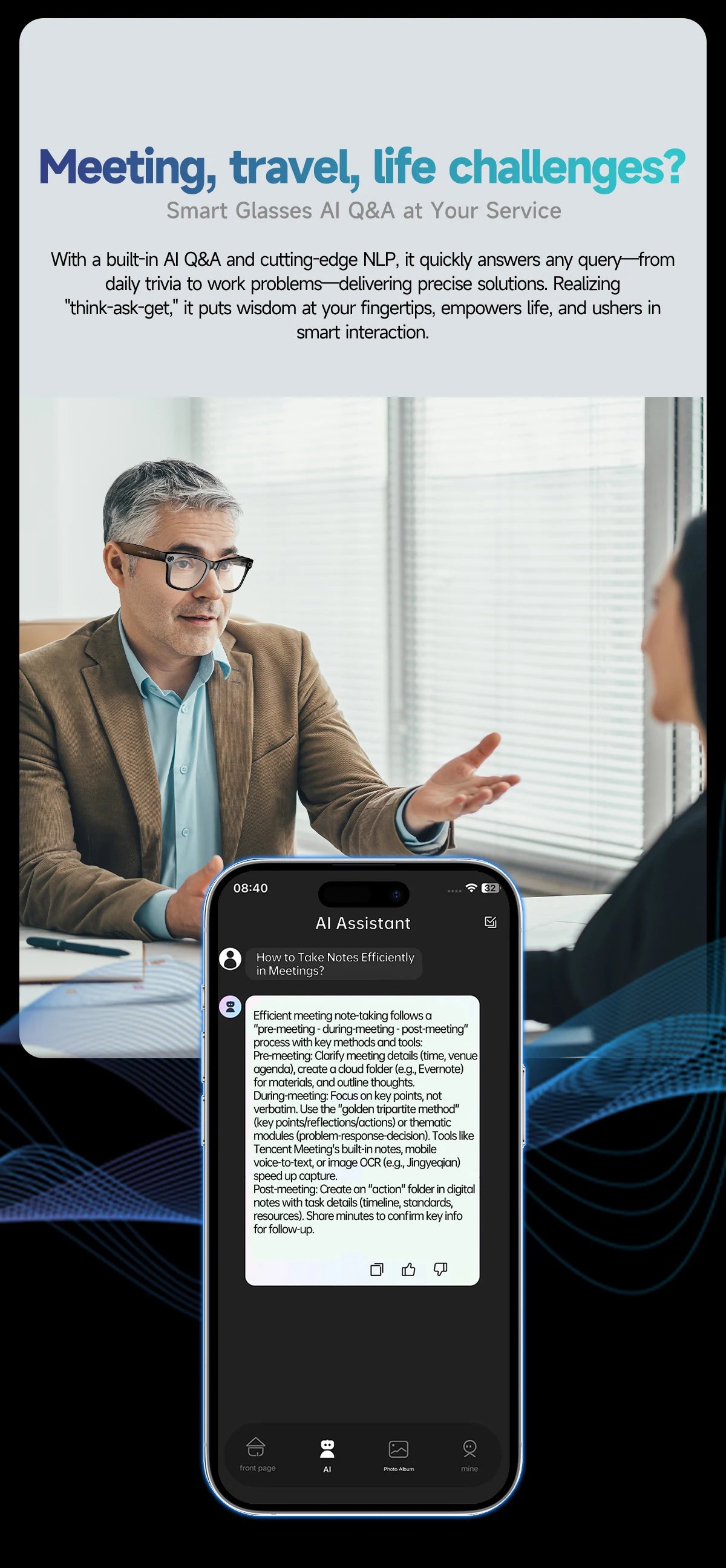 2025 Smart Glasses Men 8MP Camera WiFi Bluetooth Touch Control IP65 Waterproof AI Translation Noise Cancelling AI Glasses Women