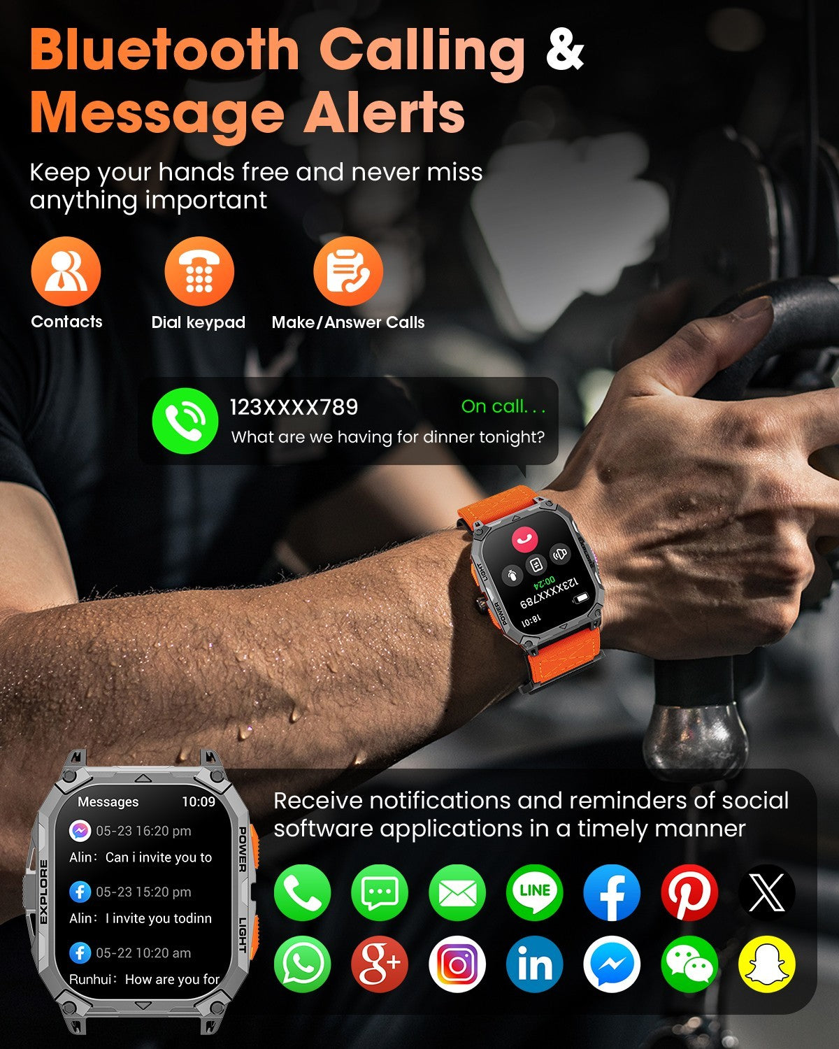 2.01" HD Smart Watch With Military Sport Watch 1000mAH 2 straps For Android iOS