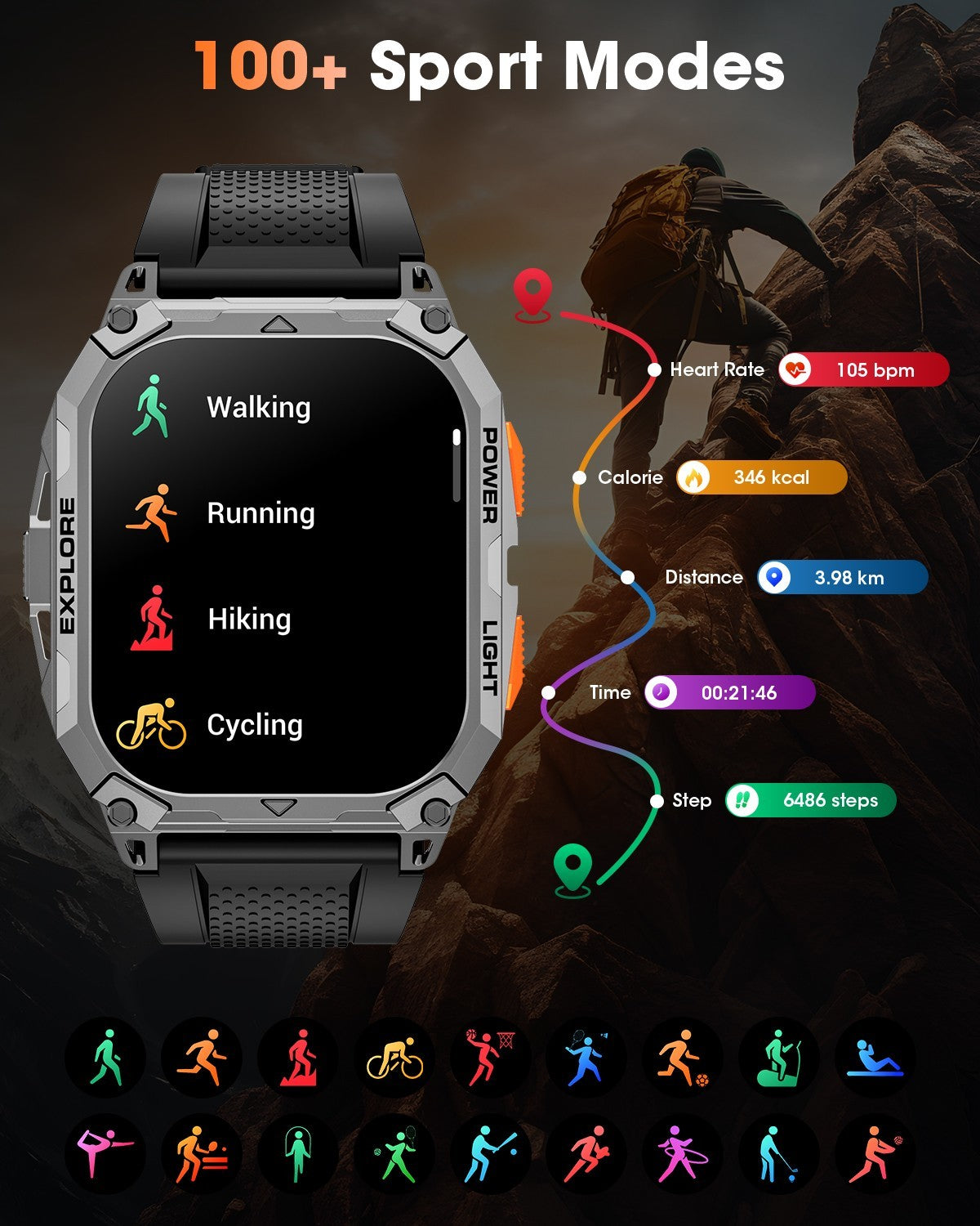 2.01" HD Smart Watch With Military Sport Watch 1000mAH 2 straps For Android iOS