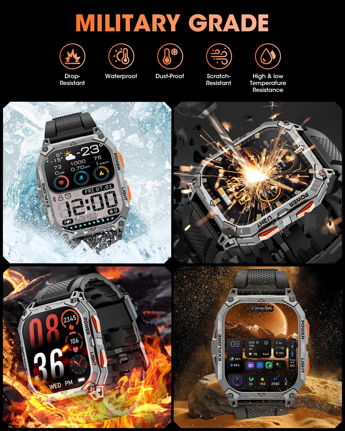 2.01" HD Smart Watch With Military Sport Watch 1000mAH 2 straps For Android iOS