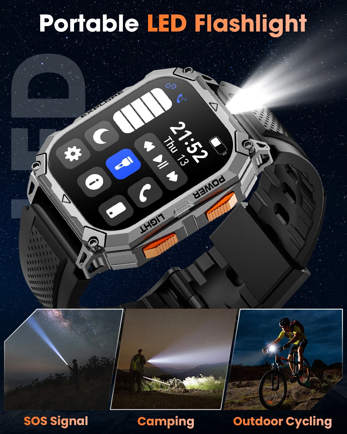 2.01" HD Smart Watch With Military Sport Watch 1000mAH 2 straps For Android iOS