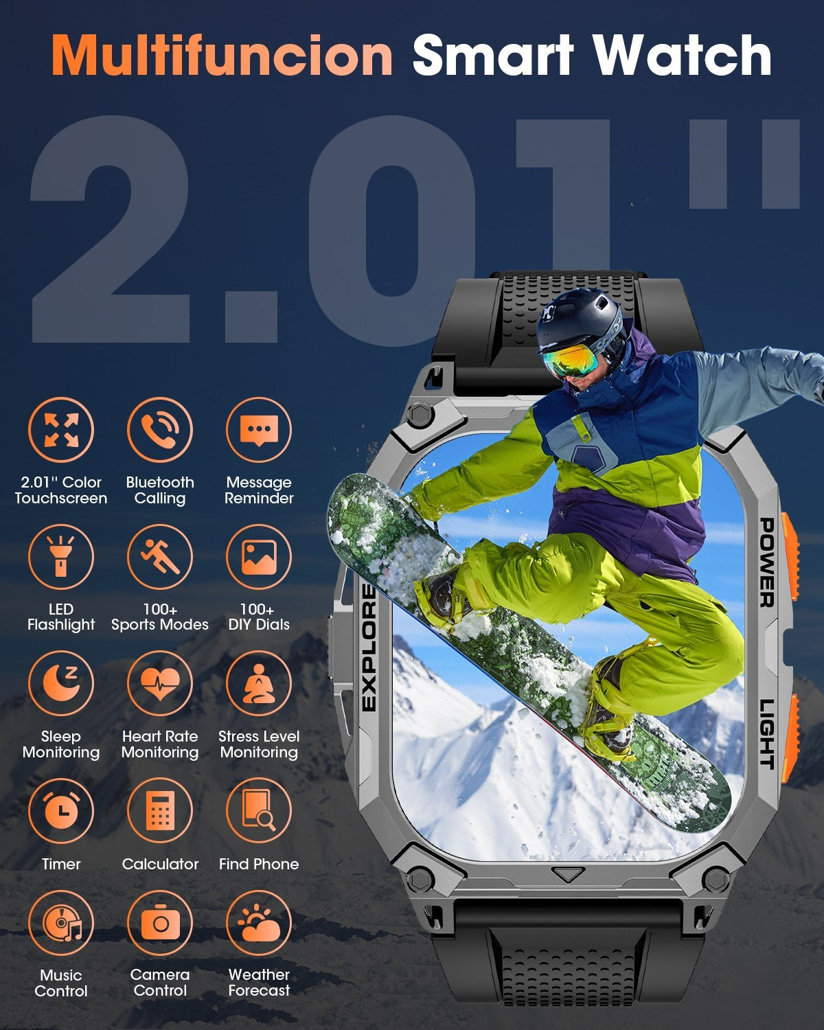 2.01" HD Smart Watch With Military Sport Watch 1000mAH 2 straps For Android iOS