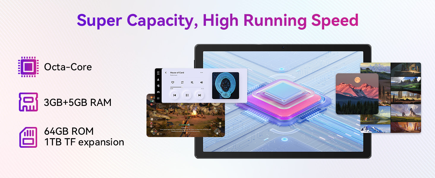 URAO 10 Inch Tablet Android 14 8GB(3+5 Expand) RAM 64GB ROM 1TB Expand 1280x800 IPS Screen 5000MAH Battery Dual Cameras WiFi 6